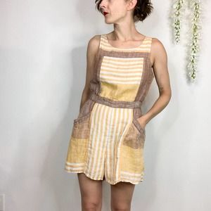 ETT:TWA linen romper striped yellow tan pockets anthropologie picnic